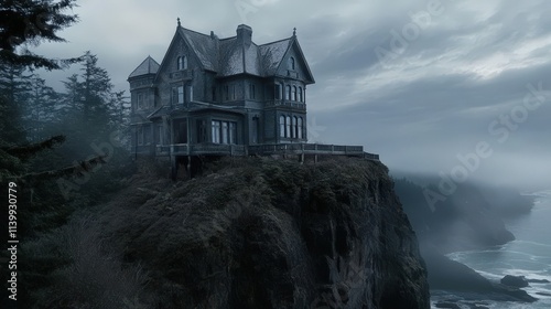 A Grey Victorian Mansion Perched on a Misty Clifftop