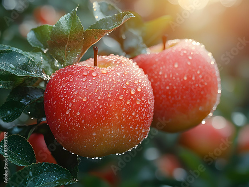 Juicy Red Apples Glisten with Dew Drops on Branch photo