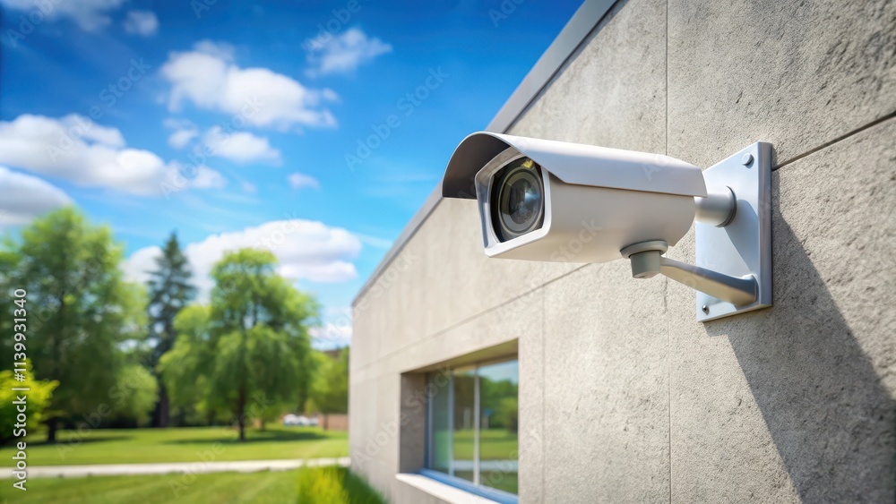 Obraz premium Security camera mounted on a concrete wall outside a modern home, Surveillance, Protection, Security, Technology, Privacy