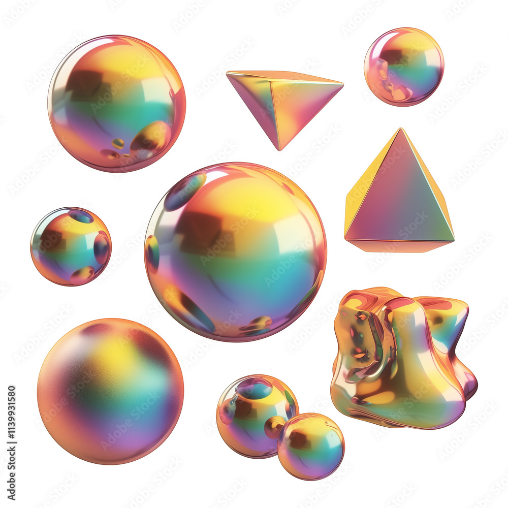 Fototapeta premium Holographic metallic 3D shapes in vibrant Y2K colors, including spheres, pyramids, and abstract forms, displayed on flat transparency background