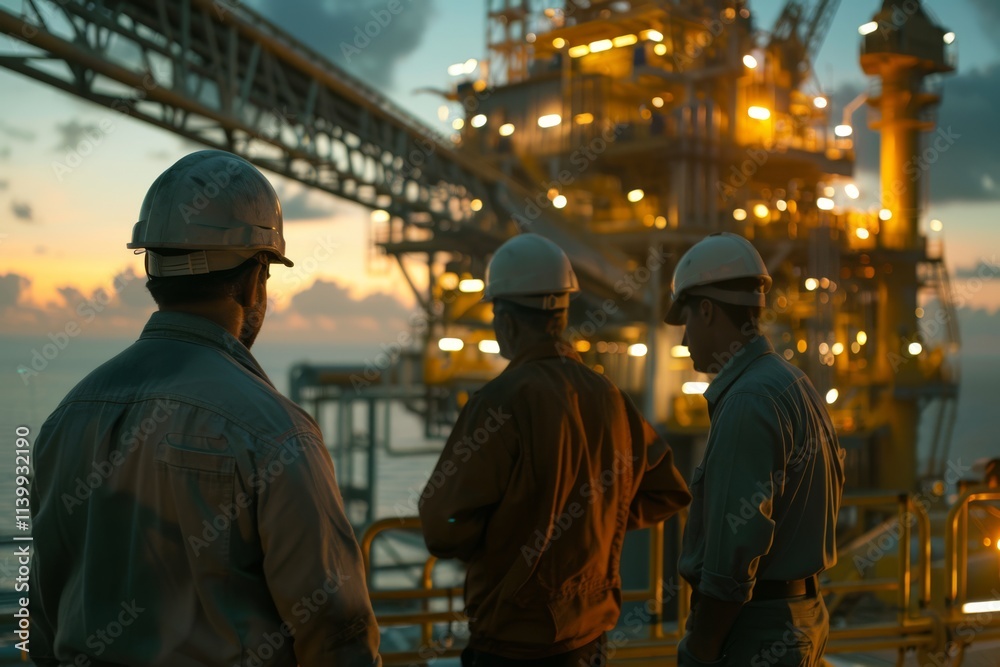 Workers Observing Oil Platform at Sunset with Warm Glow, Highlighting Industry Operations and Team Collaboration in Energy Sector Workers Observing Oil Platform at Sunset with Warm Glow, Highlighting Industry Operations and Team Collaboration in Energy Sector