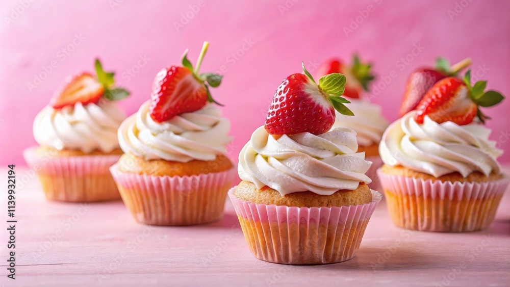Delicious cupcakes with strawberries and cream on a pink background, cupcakes, strawberries, cream, pink, background, dessert Delicious cupcakes with strawberries and cream on a pink background, cupcakes, strawberries, cream, pink, background, dessert