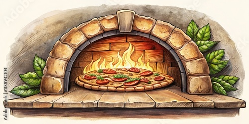 A hand-drawn vintage stone pizza oven logo, evoking rustic Italian traditions. Ideal for bakeries and pizza businesses.