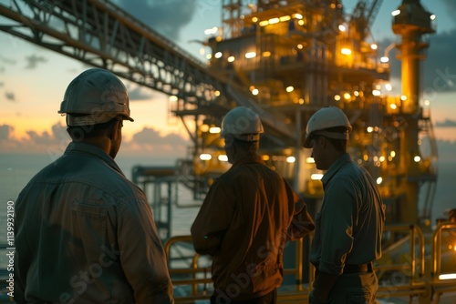 Workers Observing Oil Platform at Sunset with Warm Glow, Highlighting Industry Operations and Team Collaboration in Energy Sector