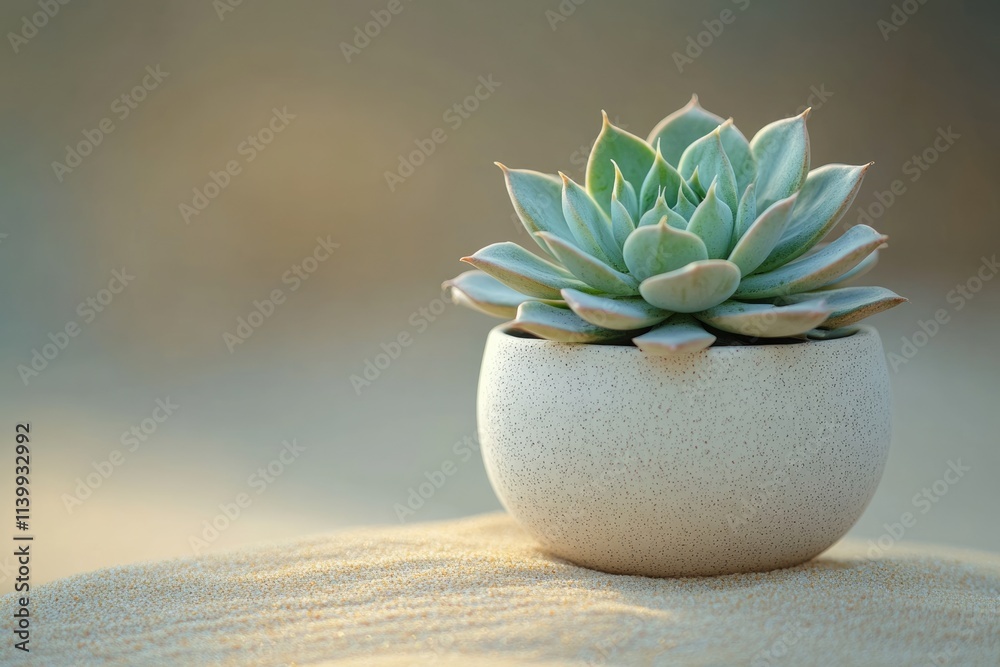 A serene succulent plant in a minimalist white pot, rests on sandy ground, bathed in soft sunlight. A serene succulent plant in a minimalist white pot, rests on sandy ground, bathed in soft sunlight.