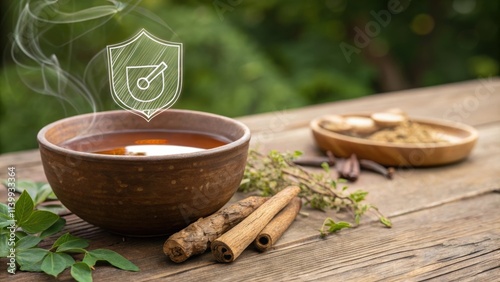 Wallpaper Mural A rustic wooden surface cradles an earthen bowl filled with a warm herbal tea its surface shimmering with honeyhued notes. Above a translucent shield symbol is delicately Torontodigital.ca