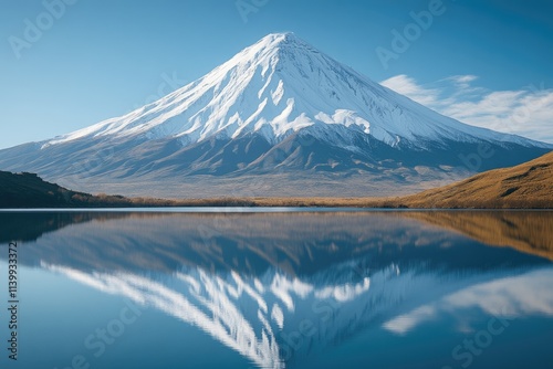 Majestic snow-capped volcano perfectly reflected in a calm lake, serene landscape.