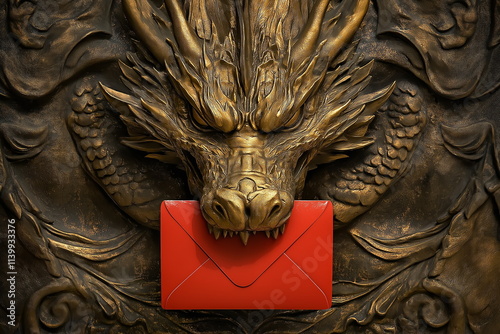 Mystical dragon sculpture holding red envelope fantasy realm artwork detail dramatic lighting close-up perspective for impact photo