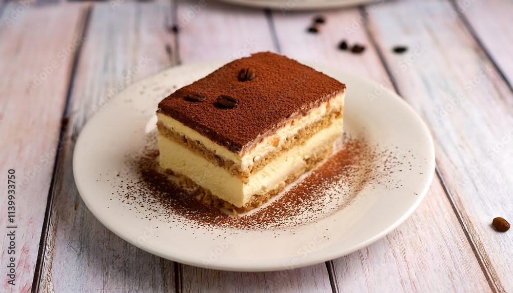A classic tiramisu slice, layered and dusted, beautifully placed on a white plate