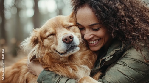 A serene moment where a golden-hued dog closes its eyes in contentment while being embraced by a smiling woman in a cozy woodland backdrop, symbolizing love. photo