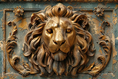 Volumetric lion with golden elements against the background of a plaster wall photo