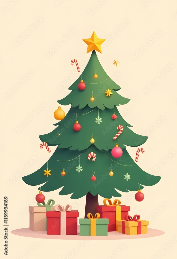 Christmas Tree with Gifts and Ornaments Festive Scene Christmas Tree with Gifts and Ornaments Festive Scene