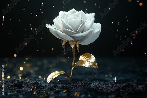 Elegant white rose with golden leaves dark background digital art studio setting close-up beauty and resilience