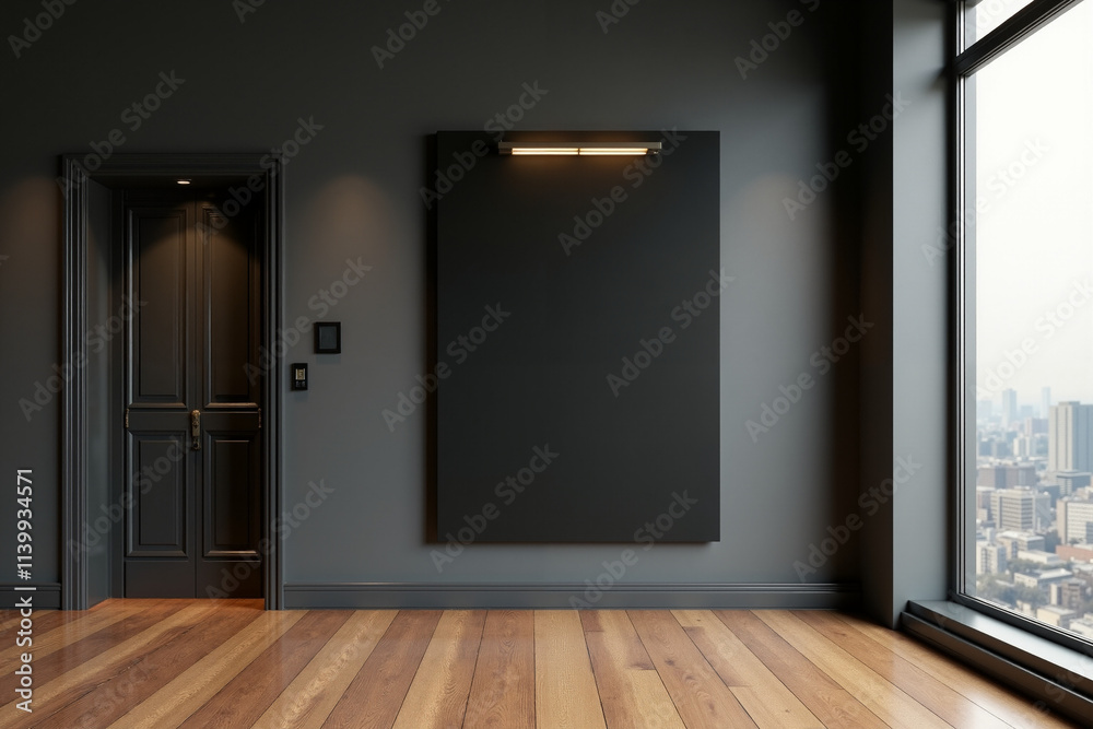 Obraz premium Modern Minimalist Interior with Dark Walls, Wooden Floors, and Cityscape View through Large Window
