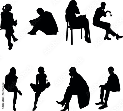 Set of 8 black silhouettes of people sitting in various poses. Clean and versatile design ideal for architectural plans, interior visualizations, graphic design projects, and creative illustrations. 