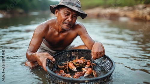 A man wearing a hat crouches in a shallow river holding a black fishing net filled with freshly caught crabs, showcasing traditional fishing techniques. photo