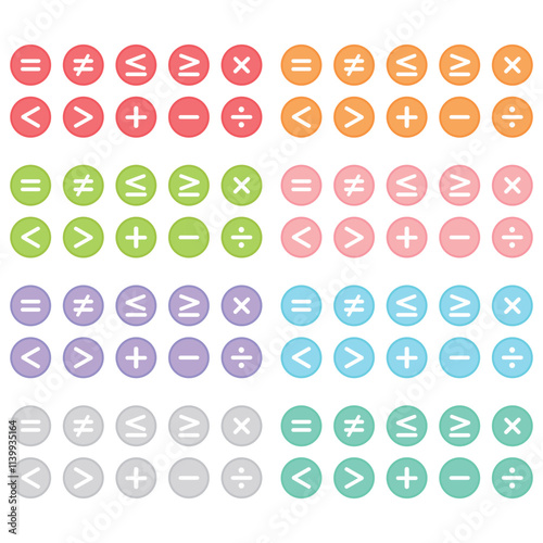 Mathematical symbols vector illustration on white background. Plus, minus, multiplication, division, not-equal, less-than, greater-than sign.