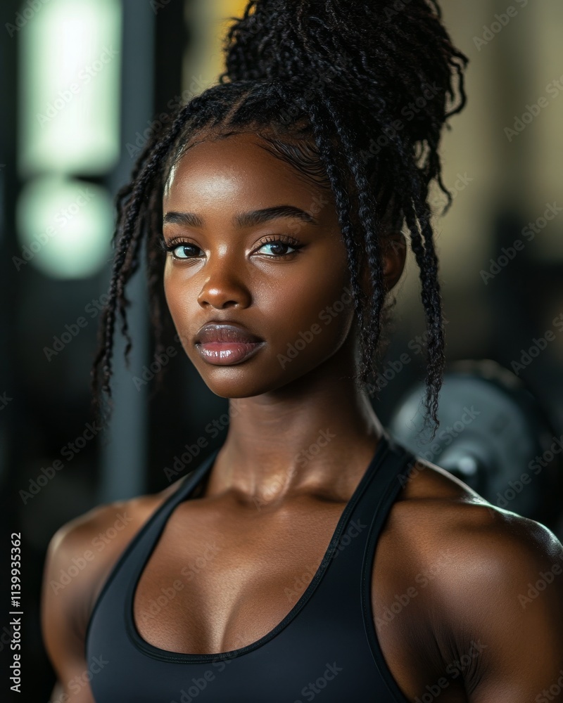A woman lifting weights at the gym, her skin glowing post-workout, showcasing athleticism and beauty A woman lifting weights at the gym, her skin glowing post-workout, showcasing athleticism and beauty