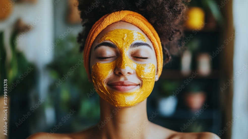 A woman in a yoga pose with a fruit mask on her face, determined to be positive, healthy and take care of herself A woman in a yoga pose with a fruit mask on her face, determined to be positive, healthy and take care of herself