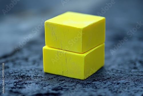 Two bright yellow square blocks stacked on a dark surface, showing texture and depth. photo