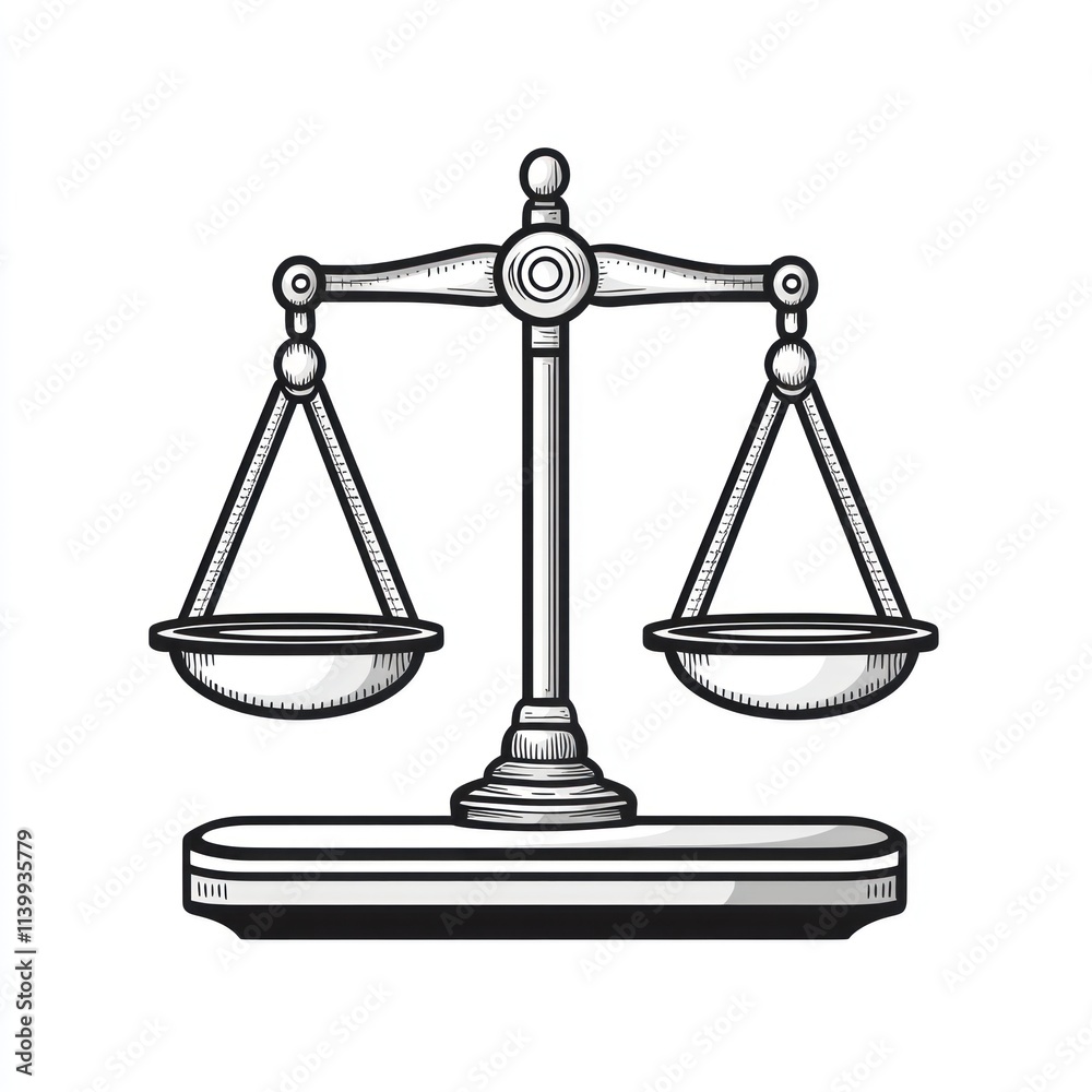 Black and white illustration of a scales of justice. Black and white illustration of a scales of justice.