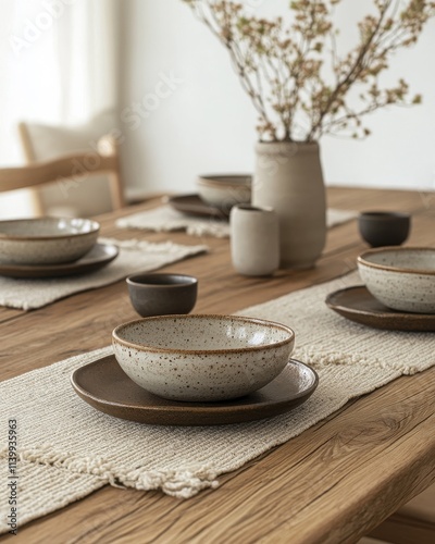 A wooden dining table set with handmade ceramic dishes and a macrame table path