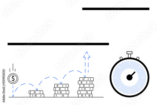 Stacked coins illustrate financial growth and a stopwatch signifies the importance of time. Blue dashed lines denote progress. Ideal for finance, investment, savings, economic growth, time