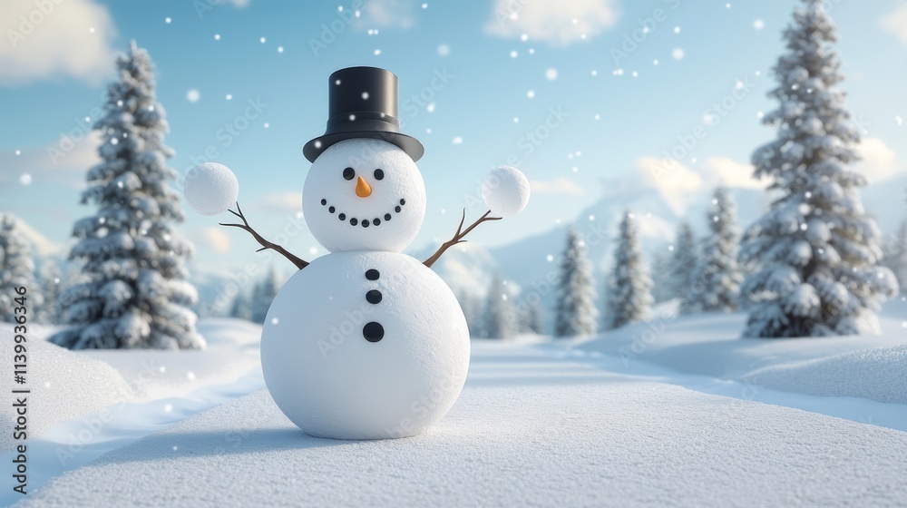 A cheerful snowman stands in a snowy landscape, surrounded by trees, under a clear blue sky with falling snowflakes. A cheerful snowman stands in a snowy landscape, surrounded by trees, under a clear blue sky with falling snowflakes.