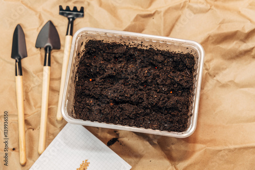 Kraft paper background, fertile soil and garden tools on top, top view. Planting seedlings in spring