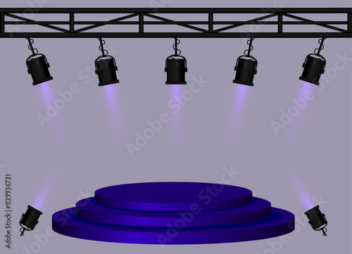 Stage purple spotlight. Elevated circular platform, black stage lights emitting beams, metal truss structure, performance setup, event lighting, presentation space, theatrical equipment