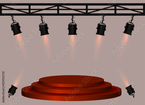 Stage red spotlight. Elevated circular platform, black stage lights emitting beams, metal truss structure, performance setup, event lighting, presentation space, theatrical equipment