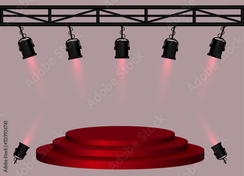 Stage red spotlight. Elevated circular platform, black stage lights emitting beams, metal truss structure, performance setup, event lighting, presentation space, theatrical equipment
