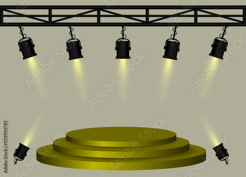 Stage golden spotlight. Elevated circular platform, black stage lights emitting beams, metal truss structure, performance setup, event lighting, presentation space, theatrical equipment