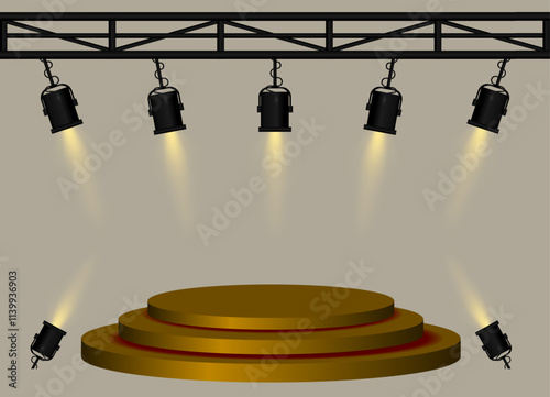 Stage golden spotlight. Elevated circular platform, black stage lights emitting beams, metal truss structure, performance setup, event lighting, presentation space, theatrical equipment