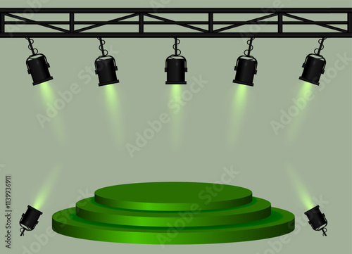 Stage green spotlight. Elevated circular platform, black stage lights emitting beams, metal truss structure, performance setup, event lighting, presentation space, theatrical equipment