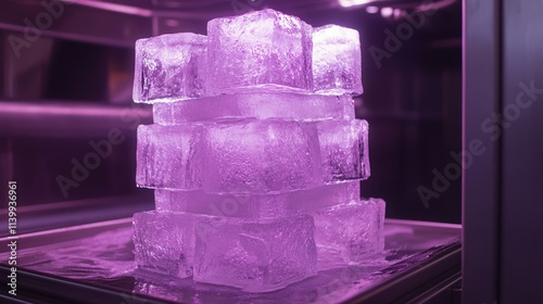 A stack of frosty, semi-transparent ice cubes glowing under fluorescent light inside a clean, industrial ice machine. photo