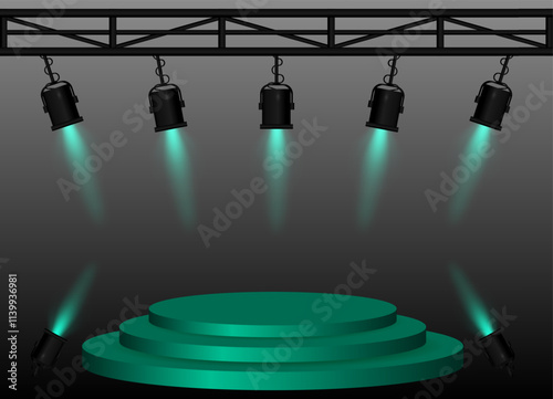 Stage green spotlight. Elevated circular platform, black stage lights emitting beams, metal truss structure, performance setup, event lighting, presentation space, theatrical equipment