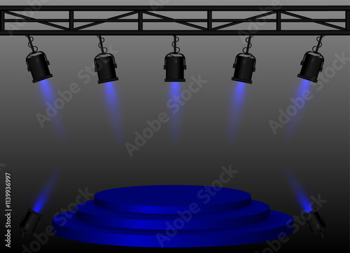 Stage Blue spotlight. Elevated circular platform, black stage lights emitting beams, metal truss structure, performance setup, event lighting, presentation space, theatrical equipment