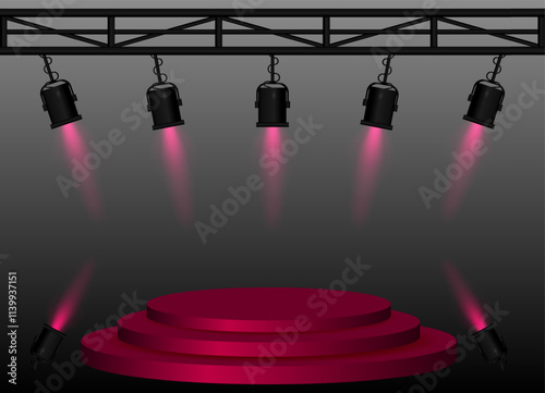 Stage red spotlight. Elevated circular platform, black stage lights emitting beams, metal truss structure, performance setup, event lighting, presentation space, theatrical equipment