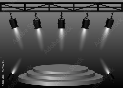 Stage white spotlight. Elevated circular platform, black stage lights emitting beams, metal truss structure, performance setup, event lighting, presentation space, theatrical equipment