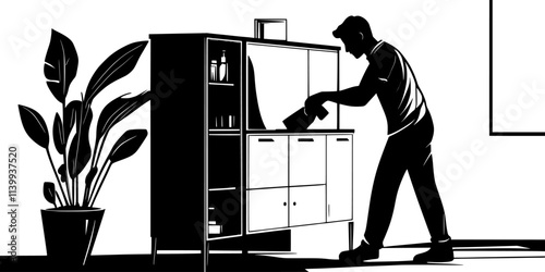 An individual polishing a vintage cabinet with a cloth inside a well-lit room, Illustration