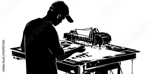 Artist gluing printed components together for a large installation piece, Illustration