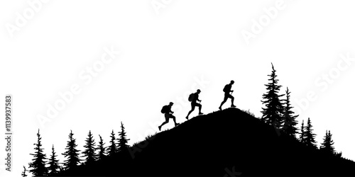 Athletes climbing steep hills on a dirt trail in a forest, Illustration