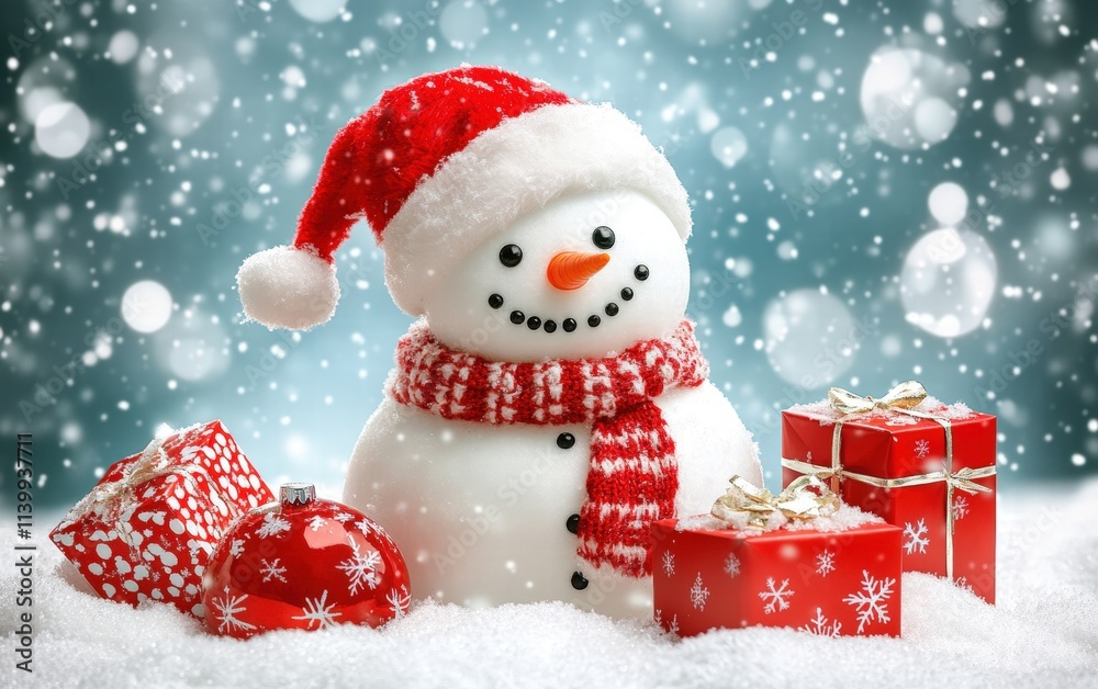 Merry Christmas winter holiday christmas background banner - Closeup of cute funny snowman with santa claus hat and scarf and red gift boxes, on snowy snow snowscape with snowflakes Merry Christmas winter holiday christmas background banner - Closeup of cute funny snowman with santa claus hat and scarf and red gift boxes, on snowy snow snowscape with snowflakes