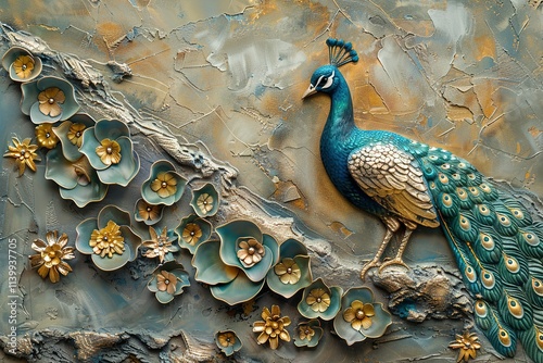 Volumetric Peacock bird full body with golden elements against the background of a plaster wall. photo