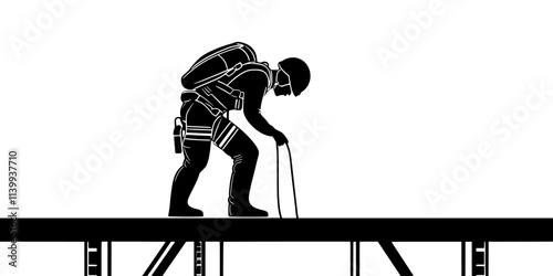Bungee jumper adjusting helmet and safety gear while standing at the edge of a platform, Illustration