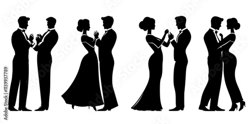 Couples dancing elegantly in formal attire during a ballroom competition, Illustration
