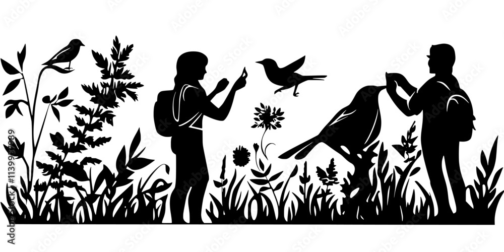Enthusiasts networking with birding communities to learn where rare species were spotted recently, Illustration Enthusiasts networking with birding communities to learn where rare species were spotted recently, Illustration