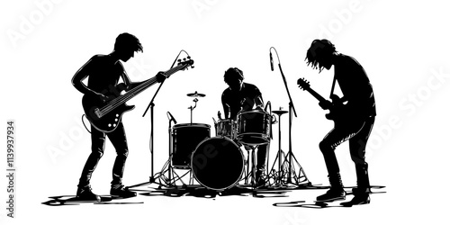 Engineer capturing raw energy of a rock band during a studio recording, Illustration