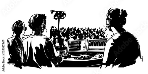 Engineer monitoring sound quality during a concert in a crowded venue, Illustration
